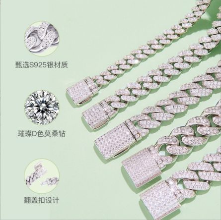 Factory Spot Mossan Silver Jewelry Wholesale 925 Silver Cuban Chain Silver Inlaid With Diamonds Hip-Hop Necklaces Cross-Border Europe And America Hot Sale - Image 4