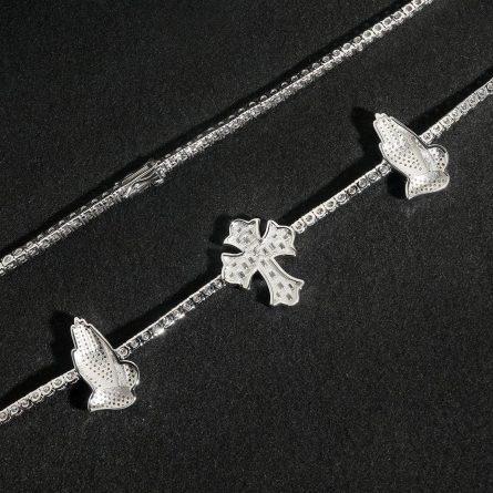 New Product Launches New S925 Silver Inlaid 3Mm Mossanite Tennis Chain Cross Prayer Hand European And American Hip-Hop Necklace - Image 5
