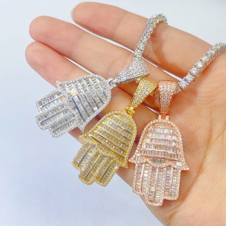 New S925 Silver Rectangular Palm Pendant, Men And Women, European And American Hip-Hop Mossanite Pendant Necklace - Image 3