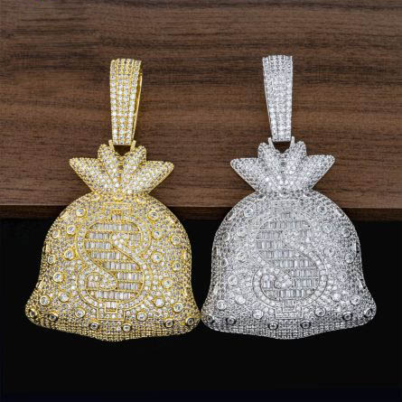 Diamond Hair, European And American Hot-Selling S925 Silver Inlaid Mossanite Big Money Bag Pendant Hip-Hop Wearable Cuban Chain Tennis Chain - Image 1