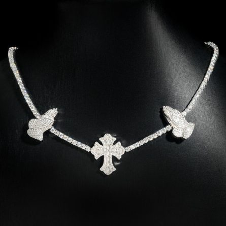 New Product Launches New S925 Silver Inlaid 3Mm Mossanite Tennis Chain Cross Prayer Hand European And American Hip-Hop Necklace - Image 3